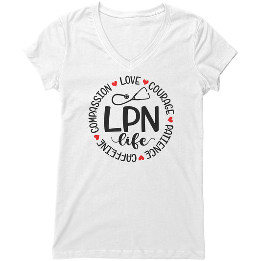 "LPN Life Circle of Qualities" Women's V-Neck T-Shirt – Compassion, Love, Courage, Patience, Caffeine – Relaxed Fit