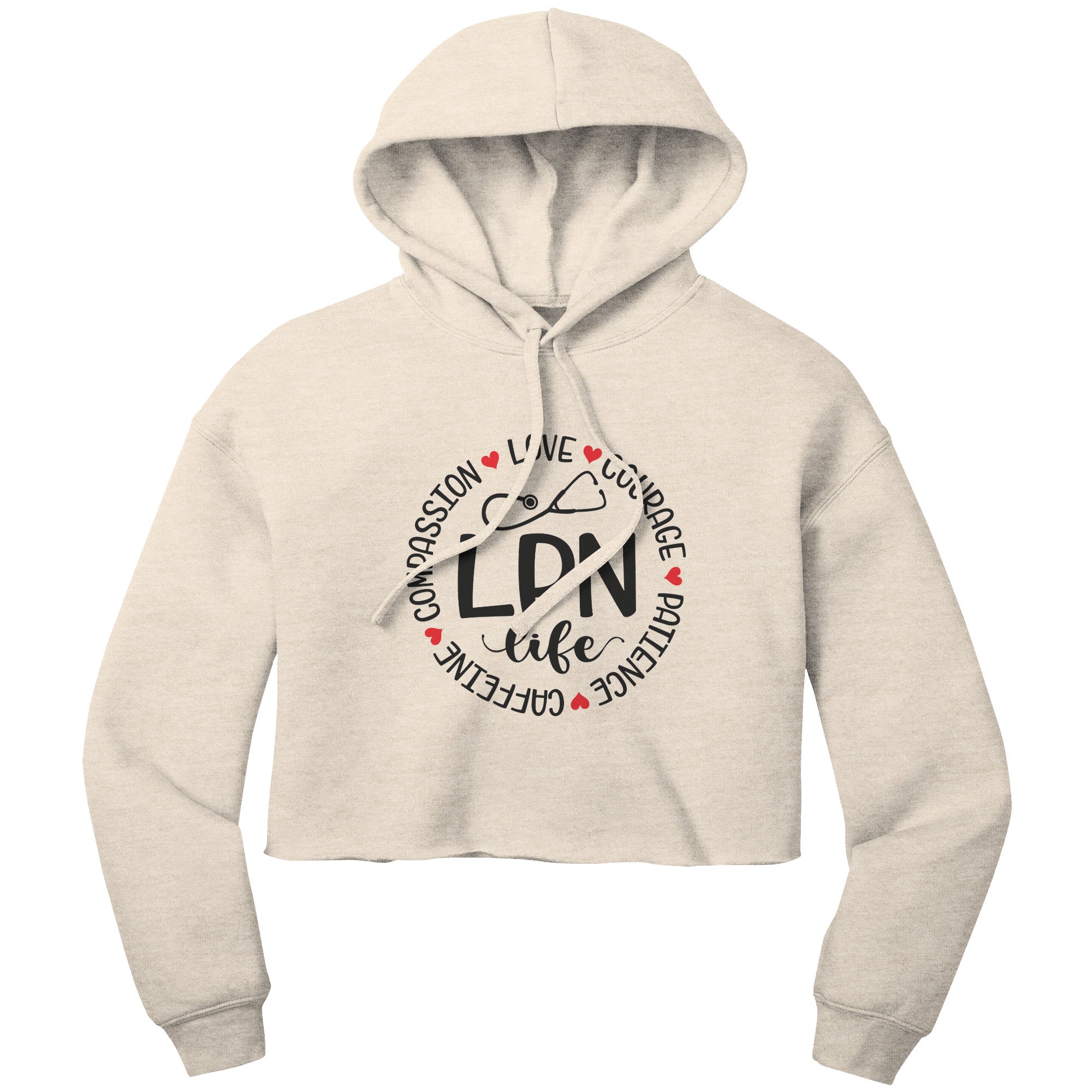 "LPN Life Circle of Virtues" Cropped Hoodie - Compassion, Love, Courage, Patience, Caffeine Design on Soft Cotton-Poly Blend