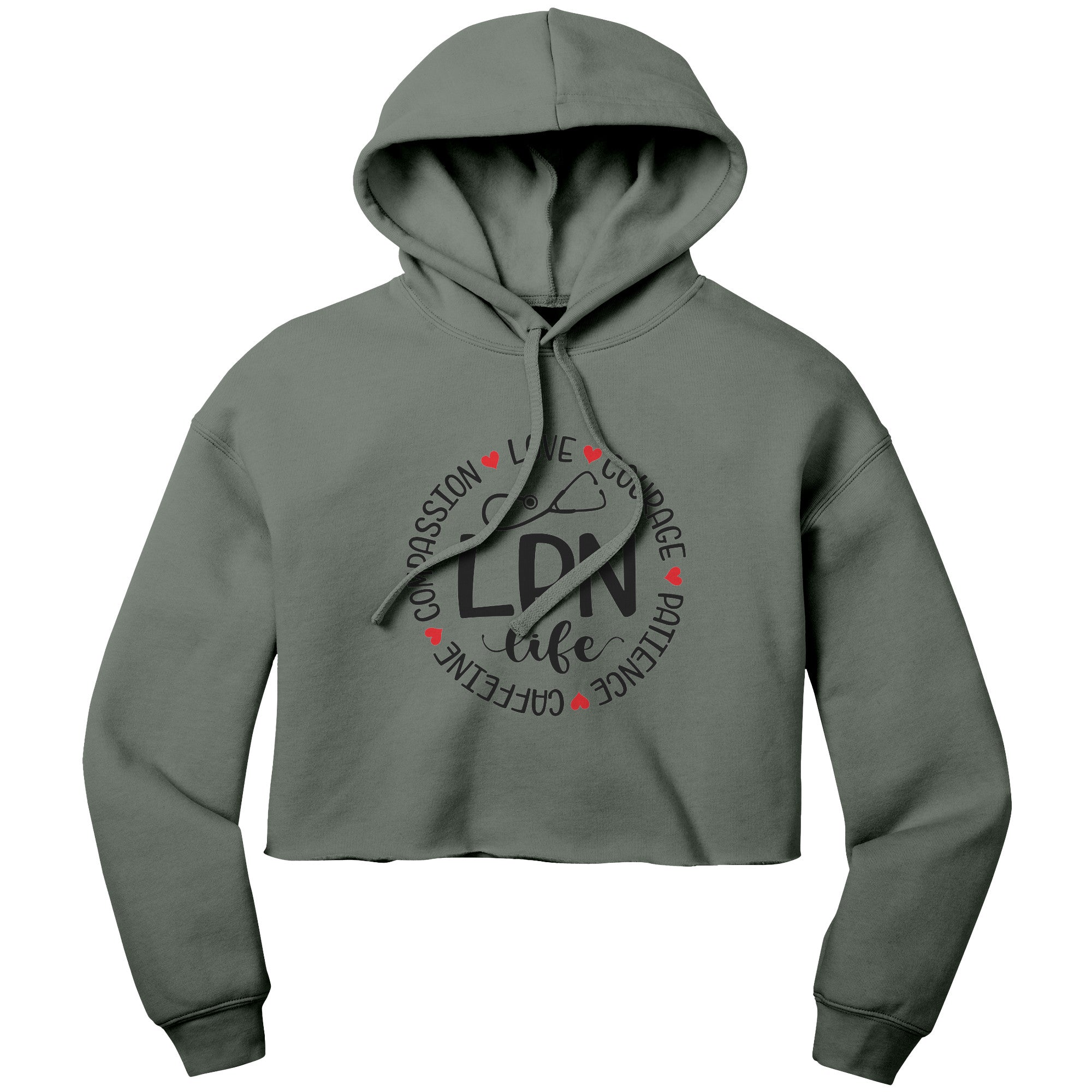 "LPN Life Circle of Virtues" Cropped Hoodie - Compassion, Love, Courage, Patience, Caffeine Design on Soft Cotton-Poly Blend