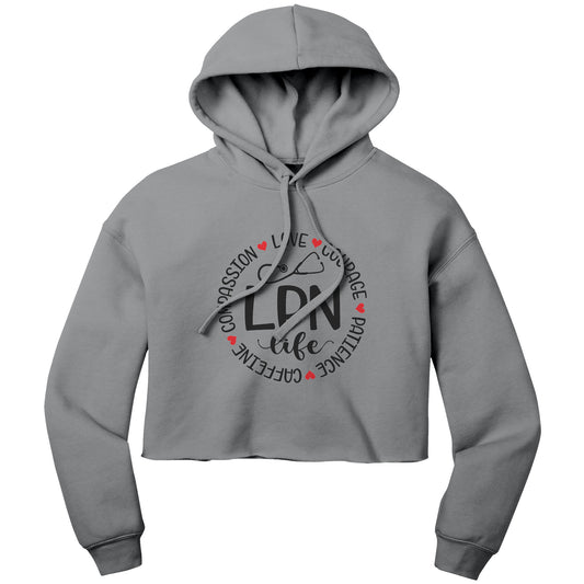 "LPN Life Circle of Virtues" Cropped Hoodie - Compassion, Love, Courage, Patience, Caffeine Design on Soft Cotton-Poly Blend