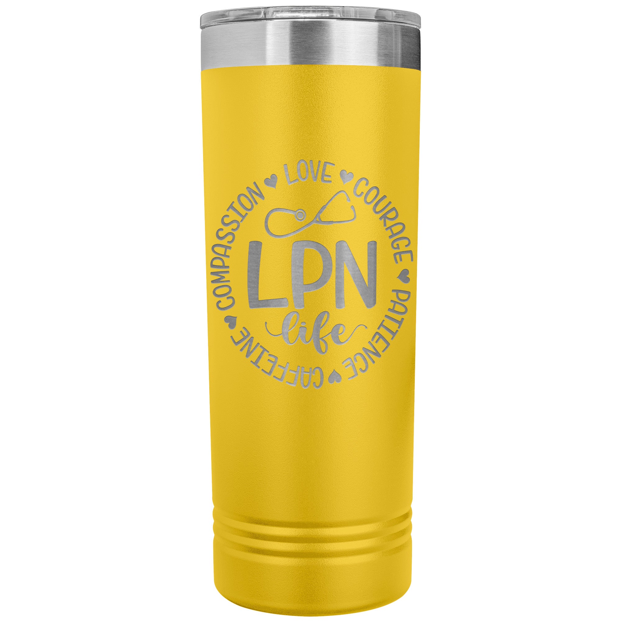 LPN Life Compassion Love Courage Patience Caffeine - 22 oz Skinny Tumbler with Inspirational Circle Design, Stainless Steel Insulated Mug for Nurses