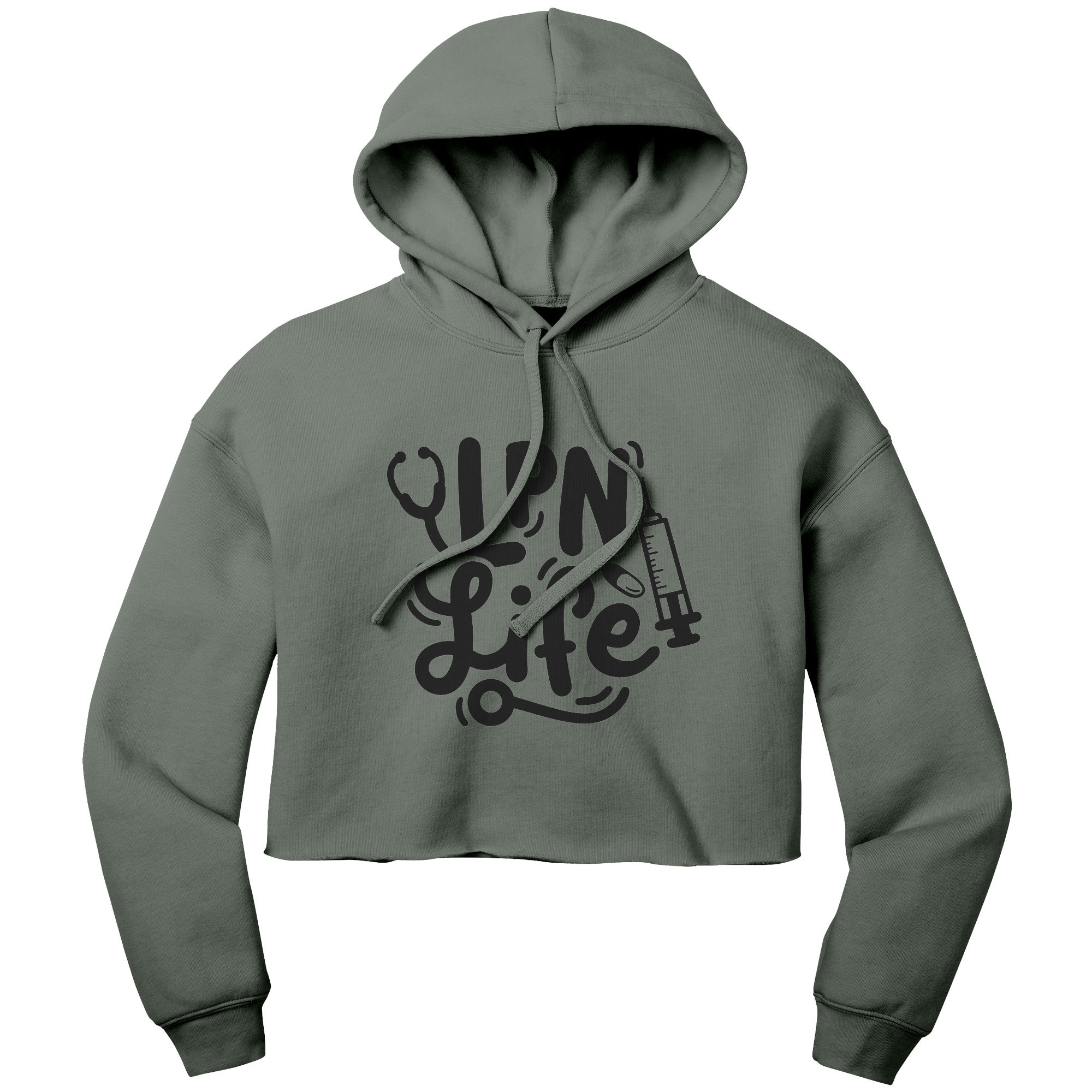 "LPN Life" Essentials Cropped Hoodie - Needle, Pill, Stethoscope Graphics on a Soft Cotton-Poly Blend