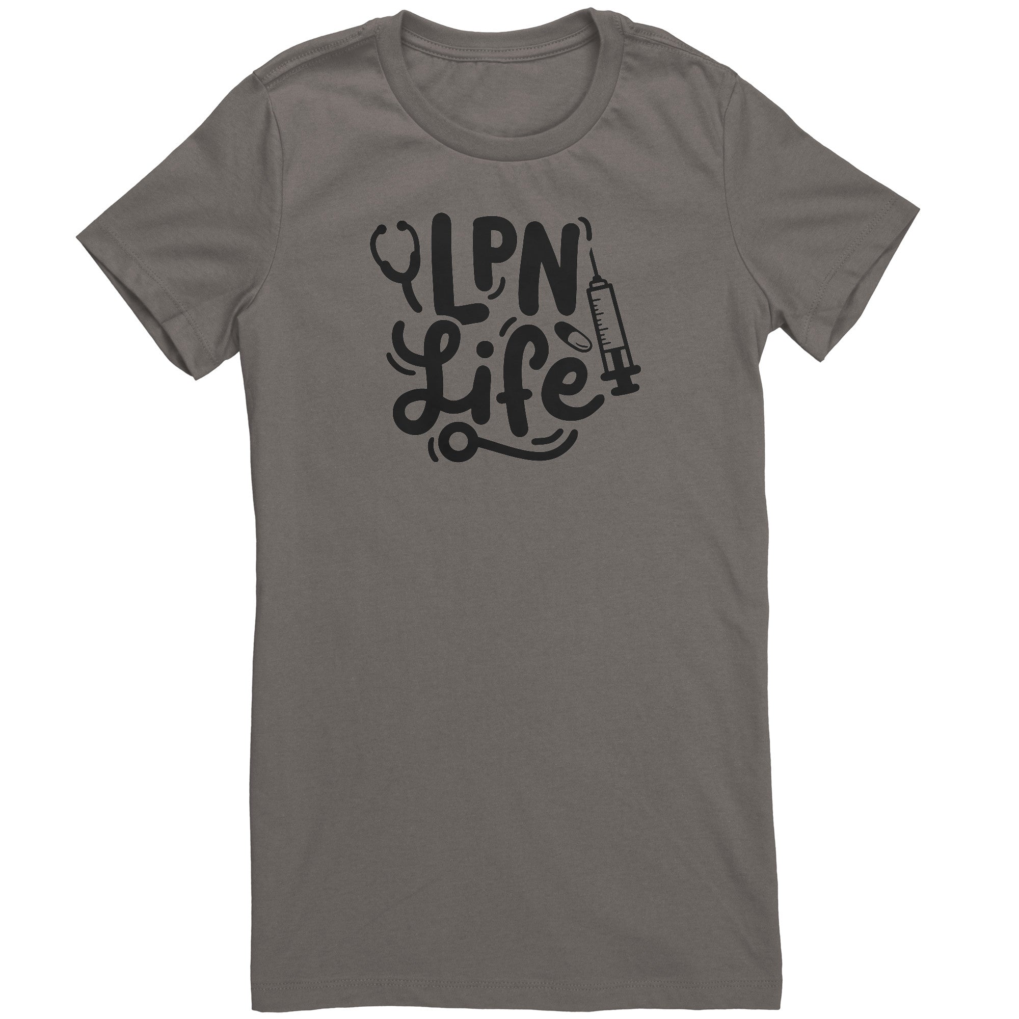 LPN Life Essentials Women's Crew Neck T-Shirt - Chic Nurse Tee with Needle, Pill, & Stethoscope Graphics
