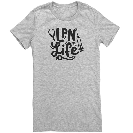 LPN Life Essentials Women's Crew Neck T-Shirt - Chic Nurse Tee with Needle, Pill, & Stethoscope Graphics