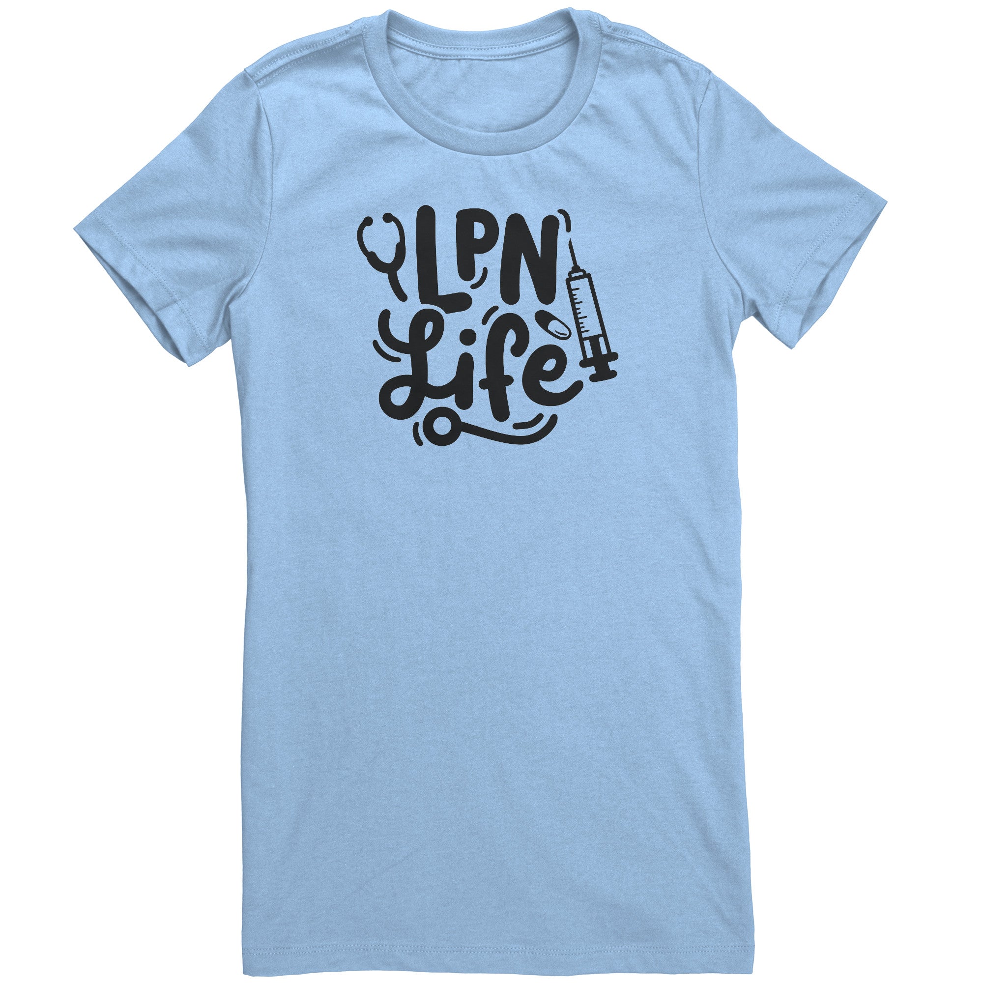 LPN Life Essentials Women's Crew Neck T-Shirt - Chic Nurse Tee with Needle, Pill, & Stethoscope Graphics