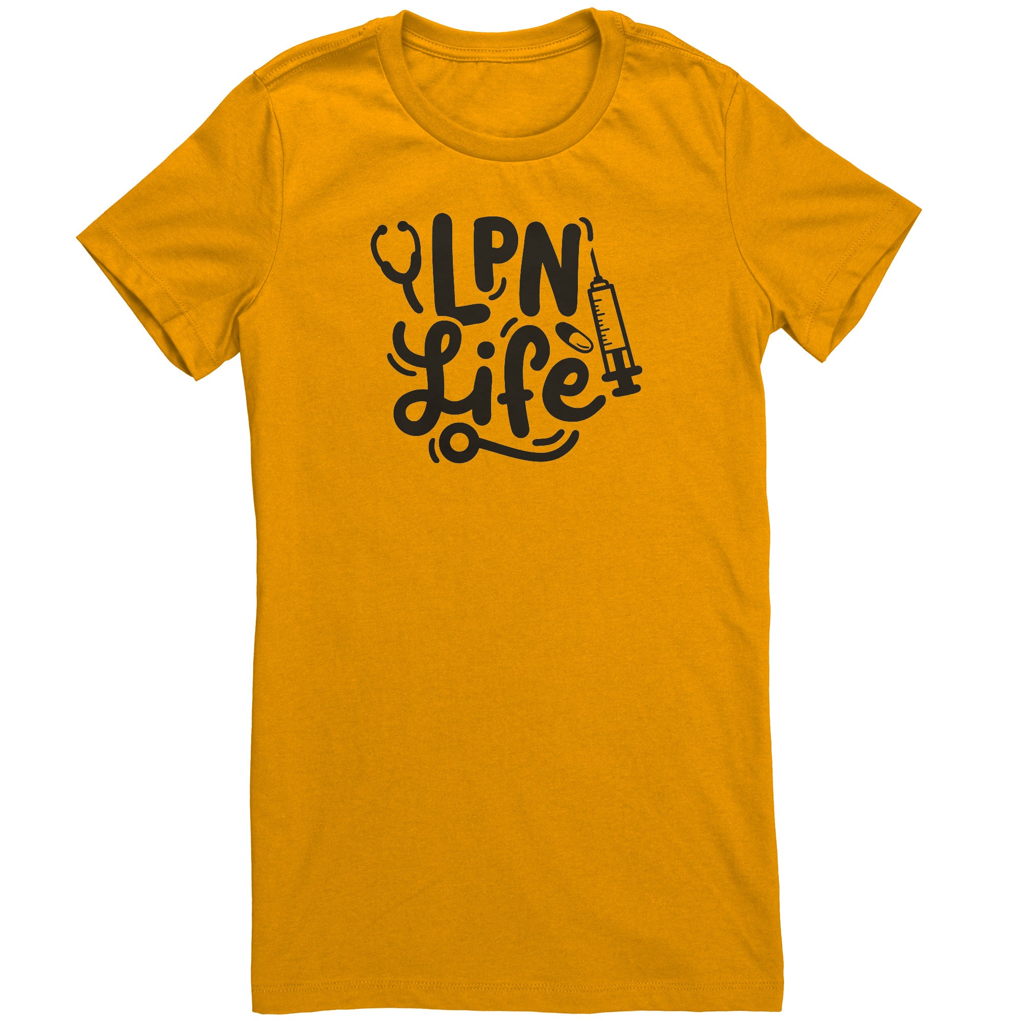 LPN Life Essentials Women's Crew Neck T-Shirt - Chic Nurse Tee with Needle, Pill, & Stethoscope Graphics