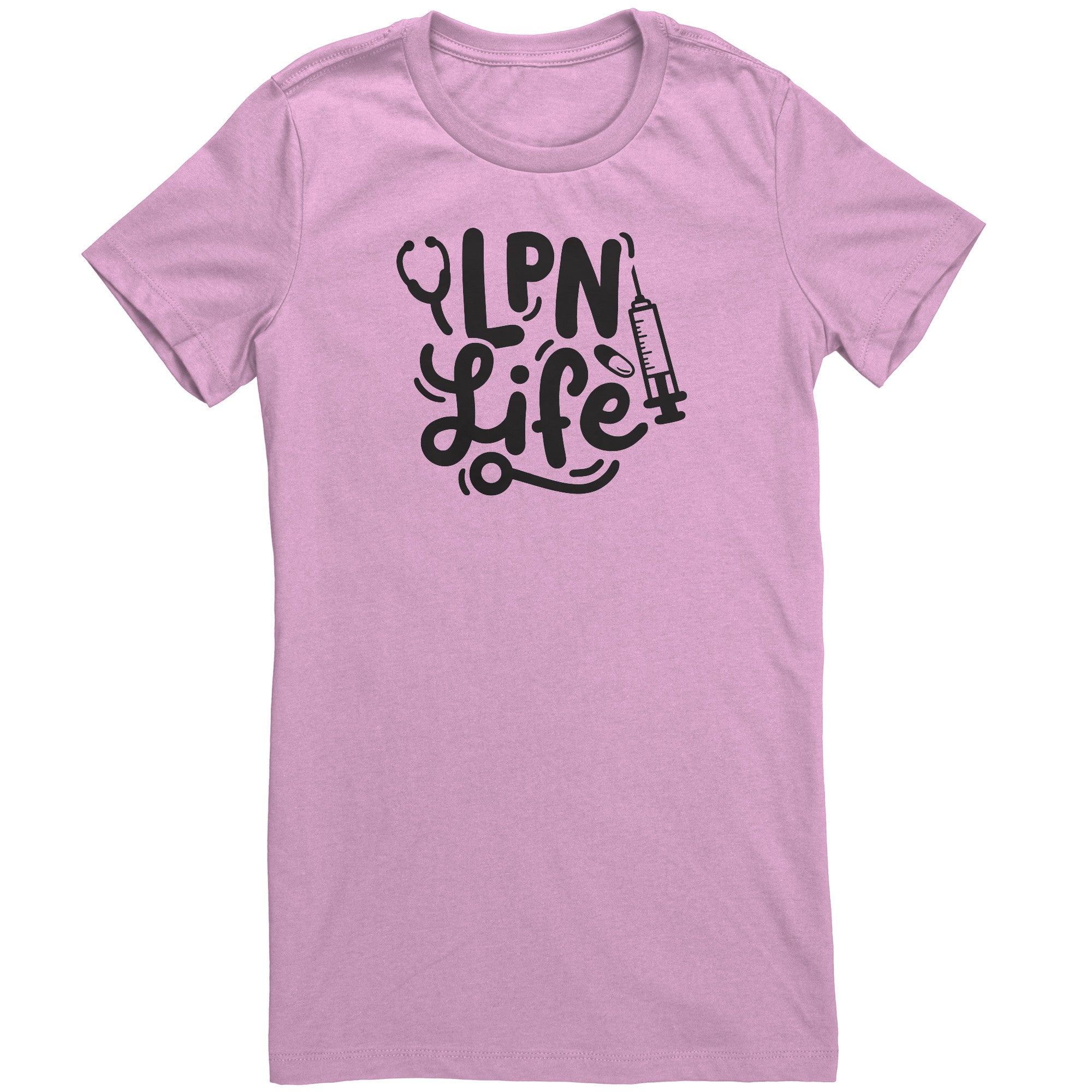 LPN Life Essentials Women's Crew Neck T-Shirt - Chic Nurse Tee with Needle, Pill, & Stethoscope Graphics