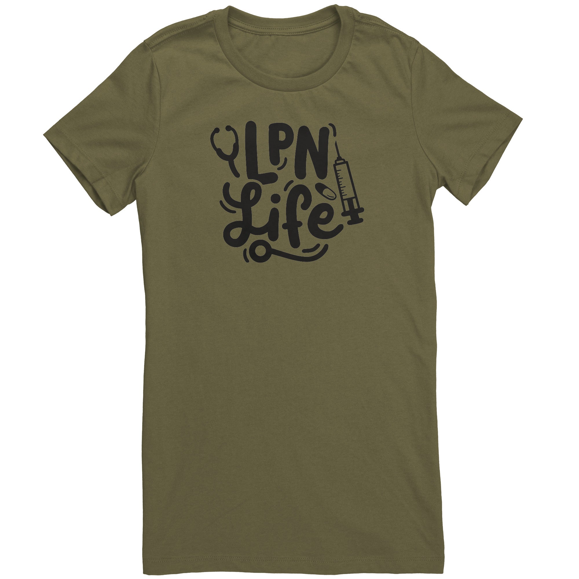 LPN Life Essentials Women's Crew Neck T-Shirt - Chic Nurse Tee with Needle, Pill, & Stethoscope Graphics