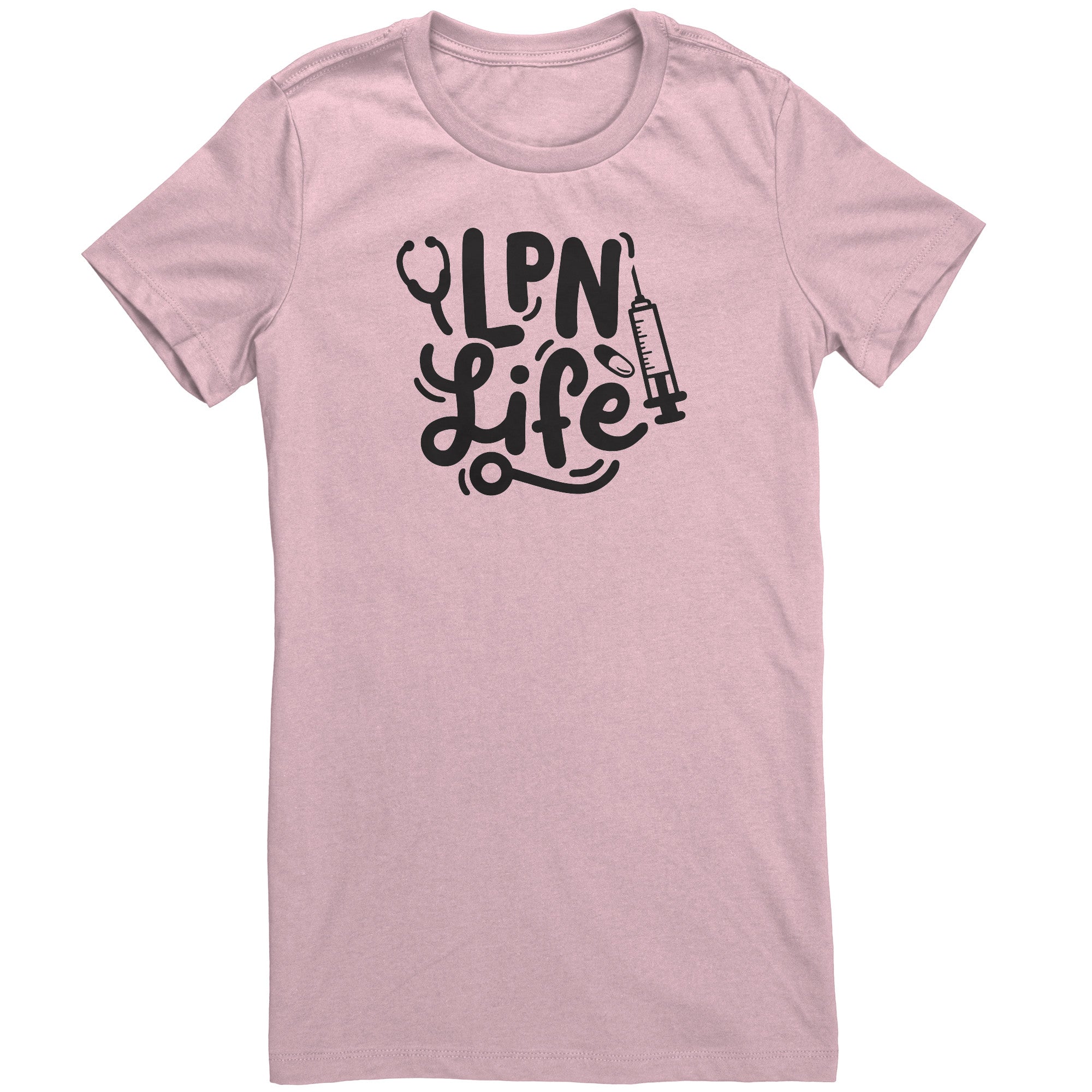 LPN Life Essentials Women's Crew Neck T-Shirt - Chic Nurse Tee with Needle, Pill, & Stethoscope Graphics