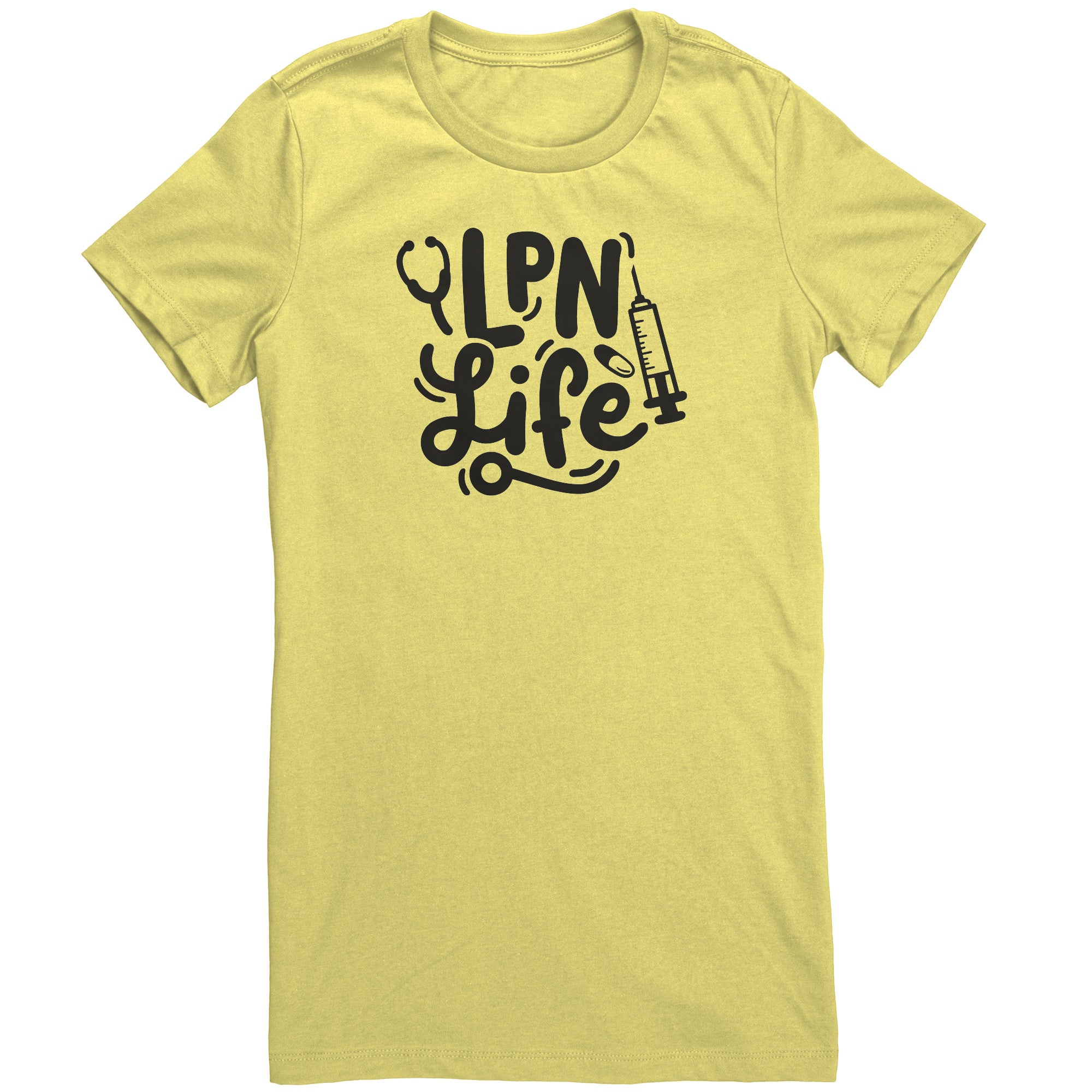 LPN Life Essentials Women's Crew Neck T-Shirt - Chic Nurse Tee with Needle, Pill, & Stethoscope Graphics