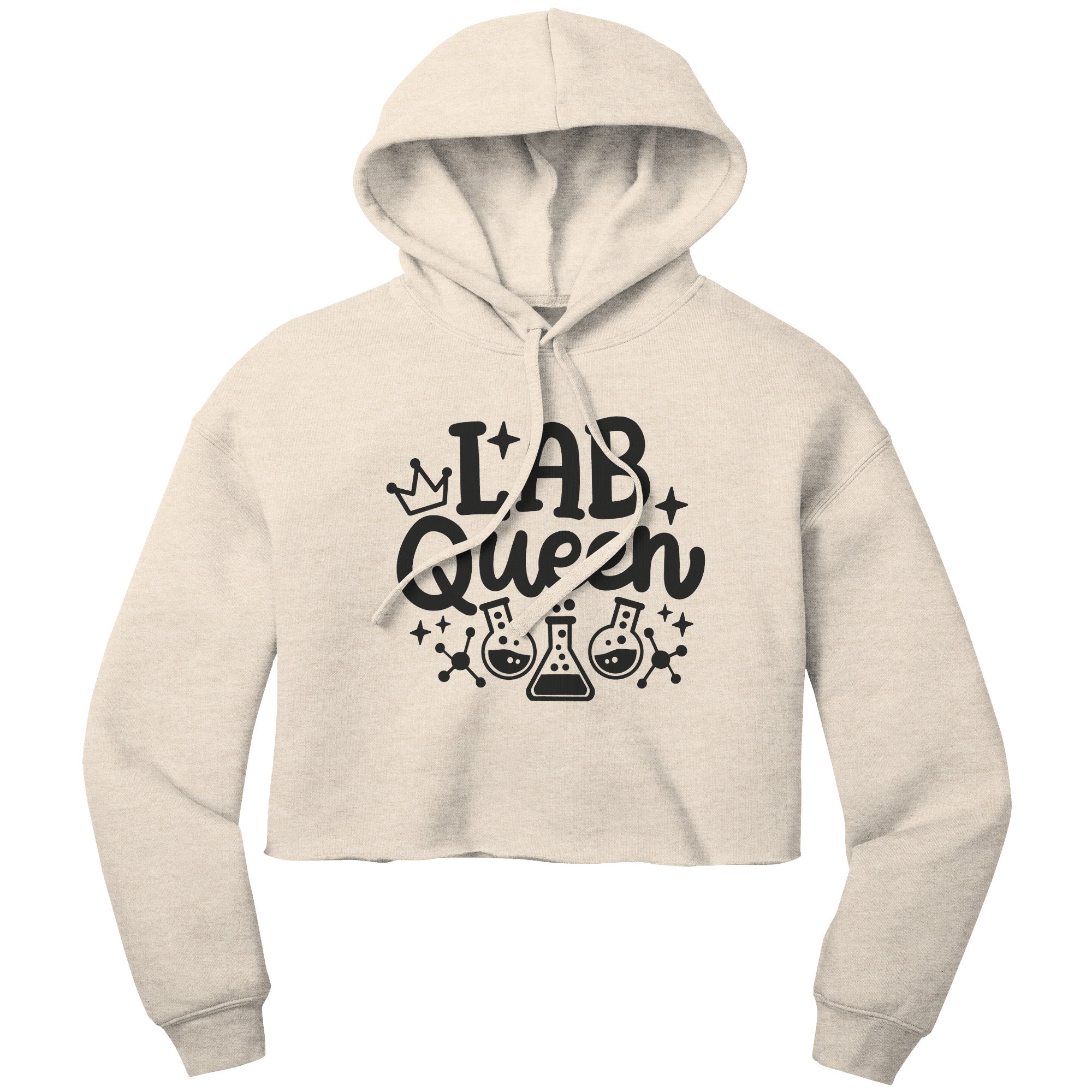 "Lab Queen" Cropped Hoodie with Lab Vials Graphics - Chic Cotton-Poly Blend for the Modern Scientist