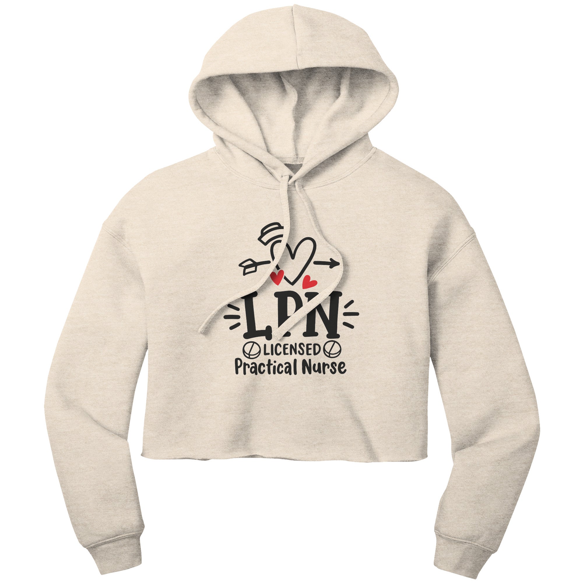 "Licensed Practical Nurse" Graphic Cropped Hoodie - Heart, Nurse's Hat, and Pills Design on Soft Cotton-Poly Blend