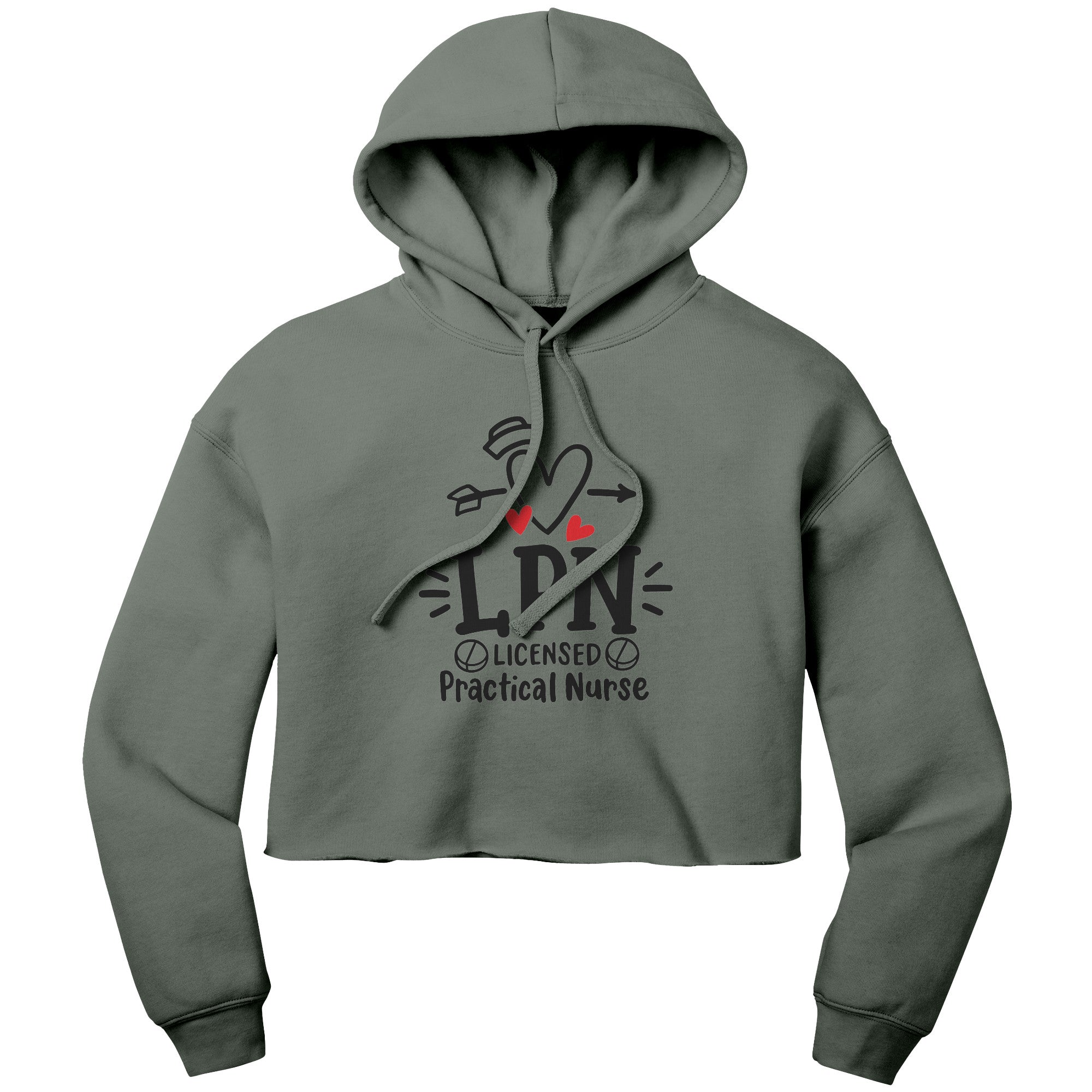 "Licensed Practical Nurse" Graphic Cropped Hoodie - Heart, Nurse's Hat, and Pills Design on Soft Cotton-Poly Blend