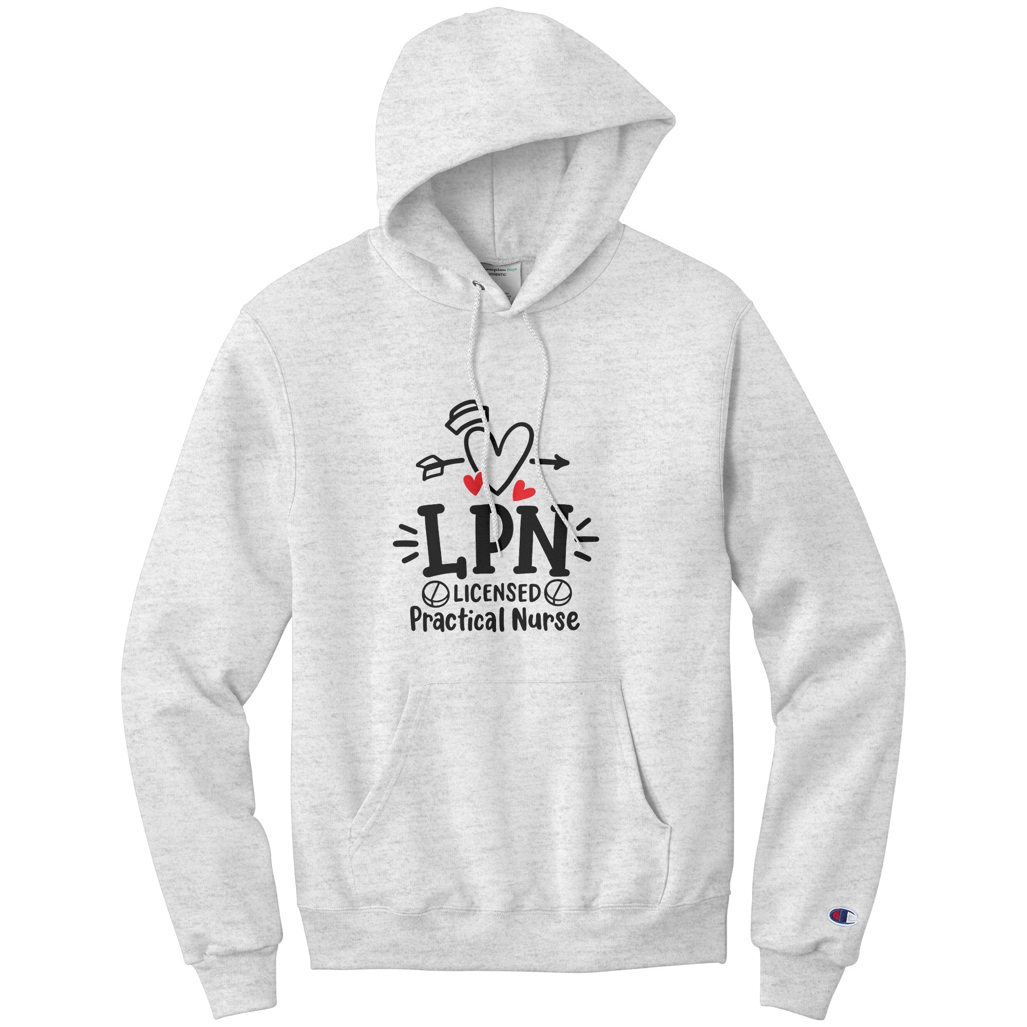 Licensed Practical Nurse Hoodie - Heart, Nurse's Hat, and Pills Design, Champion Comfort, Moisture-Wicking
