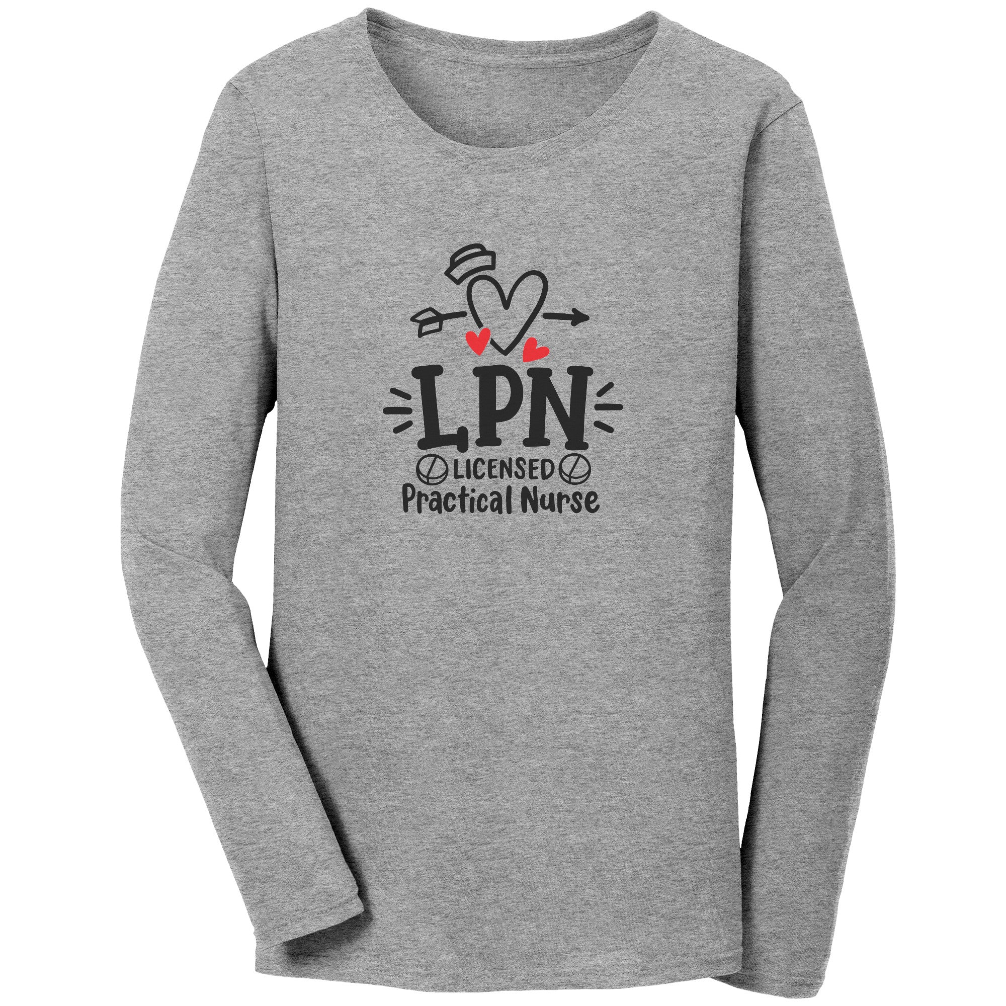 Licensed Practical Nurse Long Sleeve Shirt - Heart, Nurse Hat & Pills Design - Comfy Cotton Tee