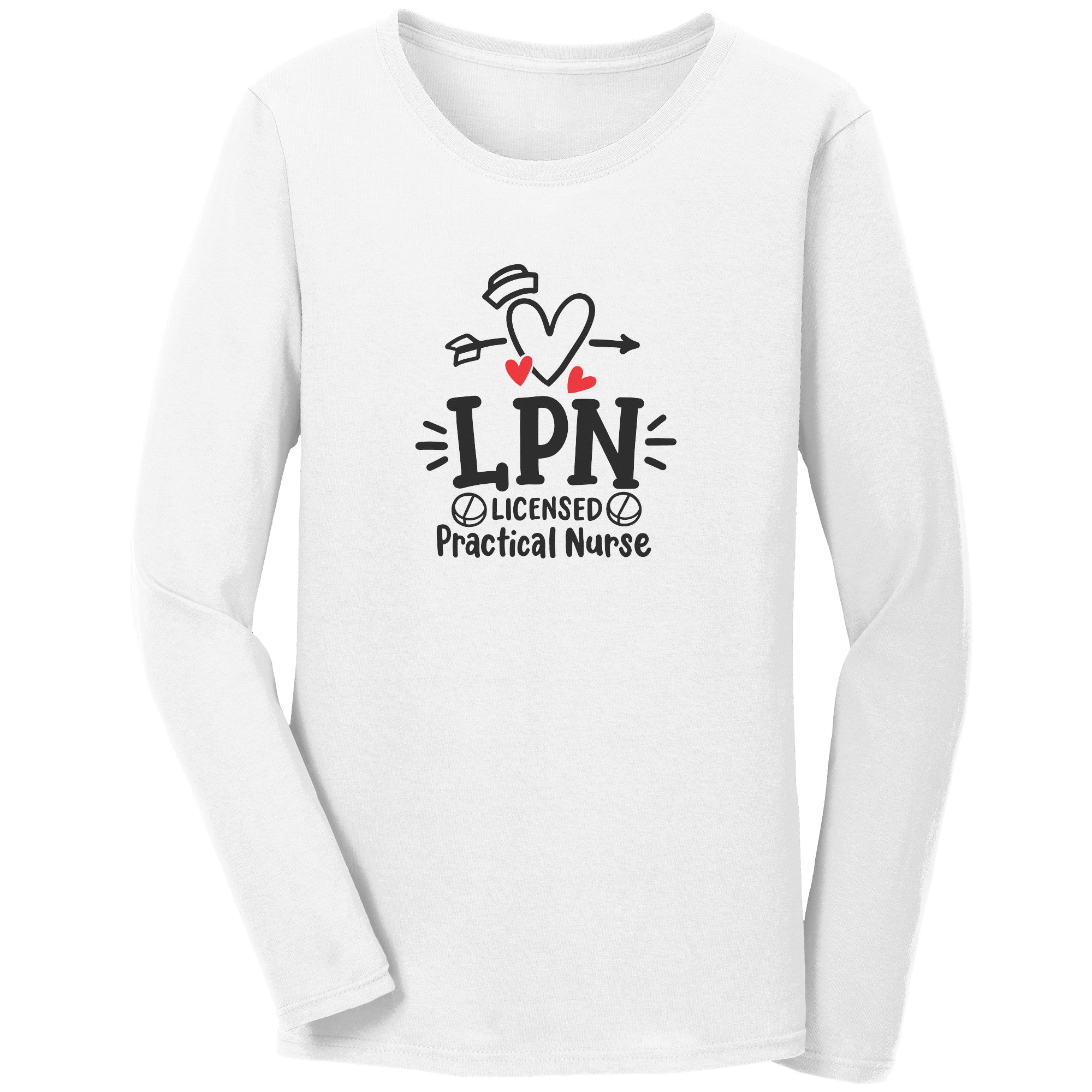 Licensed Practical Nurse Long Sleeve Shirt - Heart, Nurse Hat & Pills Design - Comfy Cotton Tee