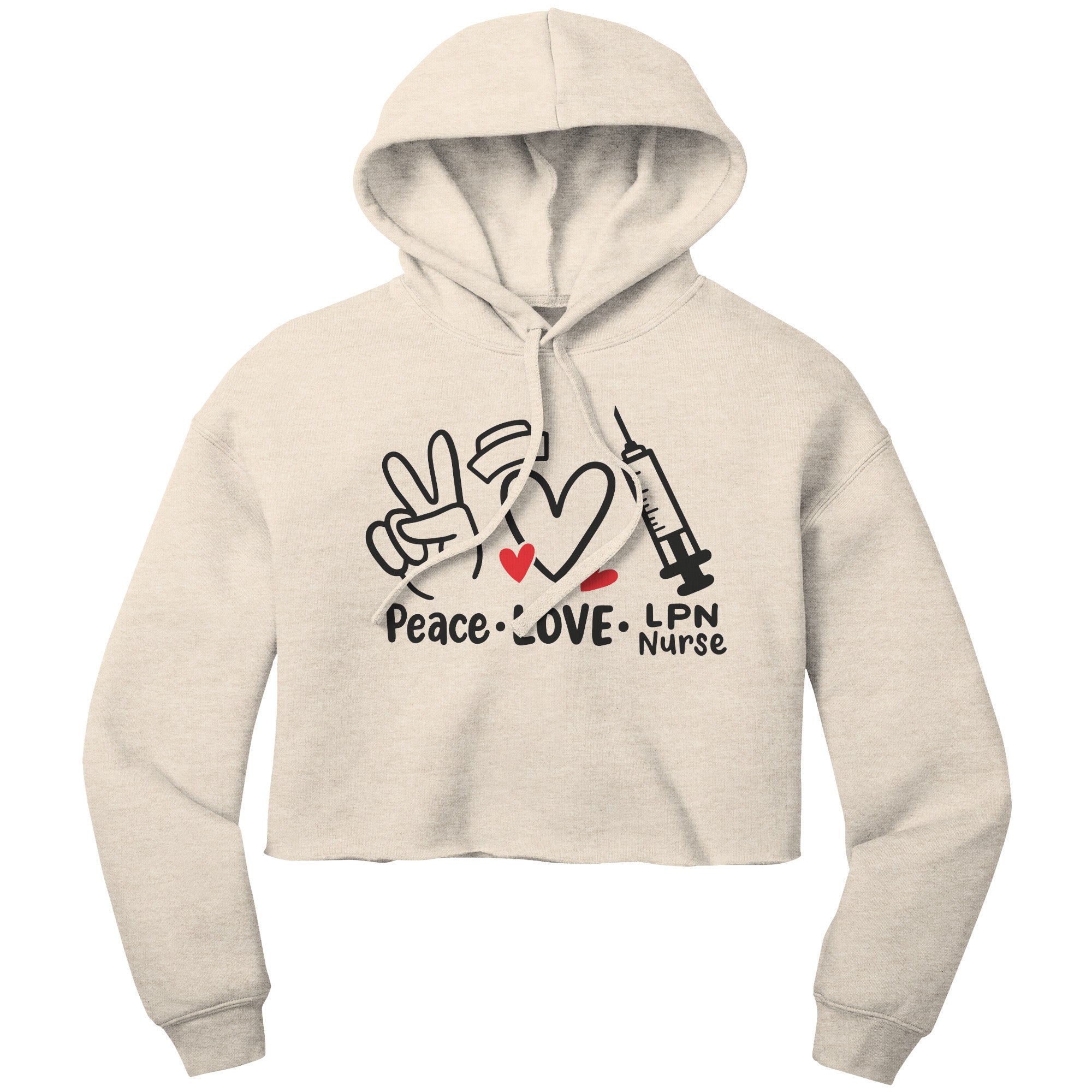 "Peace Love LPN Nurse" Cropped Hoodie with Heart & Needle Graphics - Cozy Cotton-Poly Blend for Healthcare Heroes
