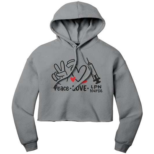 "Peace Love LPN Nurse" Cropped Hoodie with Heart & Needle Graphics - Cozy Cotton-Poly Blend for Healthcare Heroes