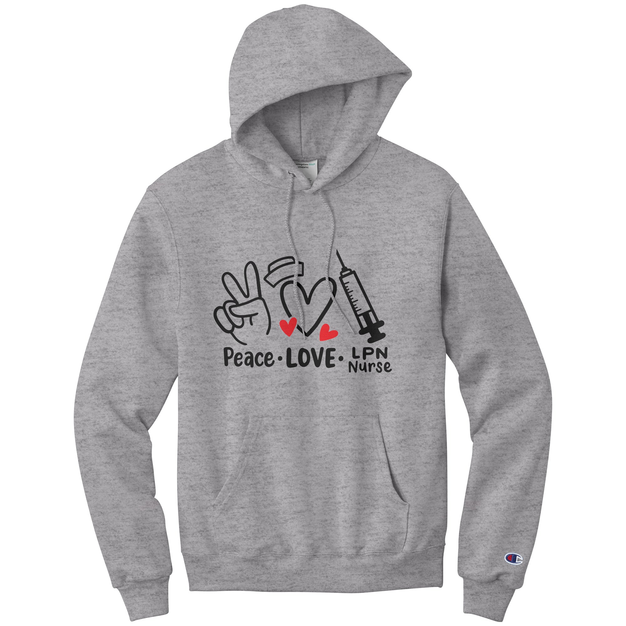 Peace Love LPN Nurse Hoodie - Heart, Peace Sign, and Needle Design, Champion Comfort, Moisture-Wicking
