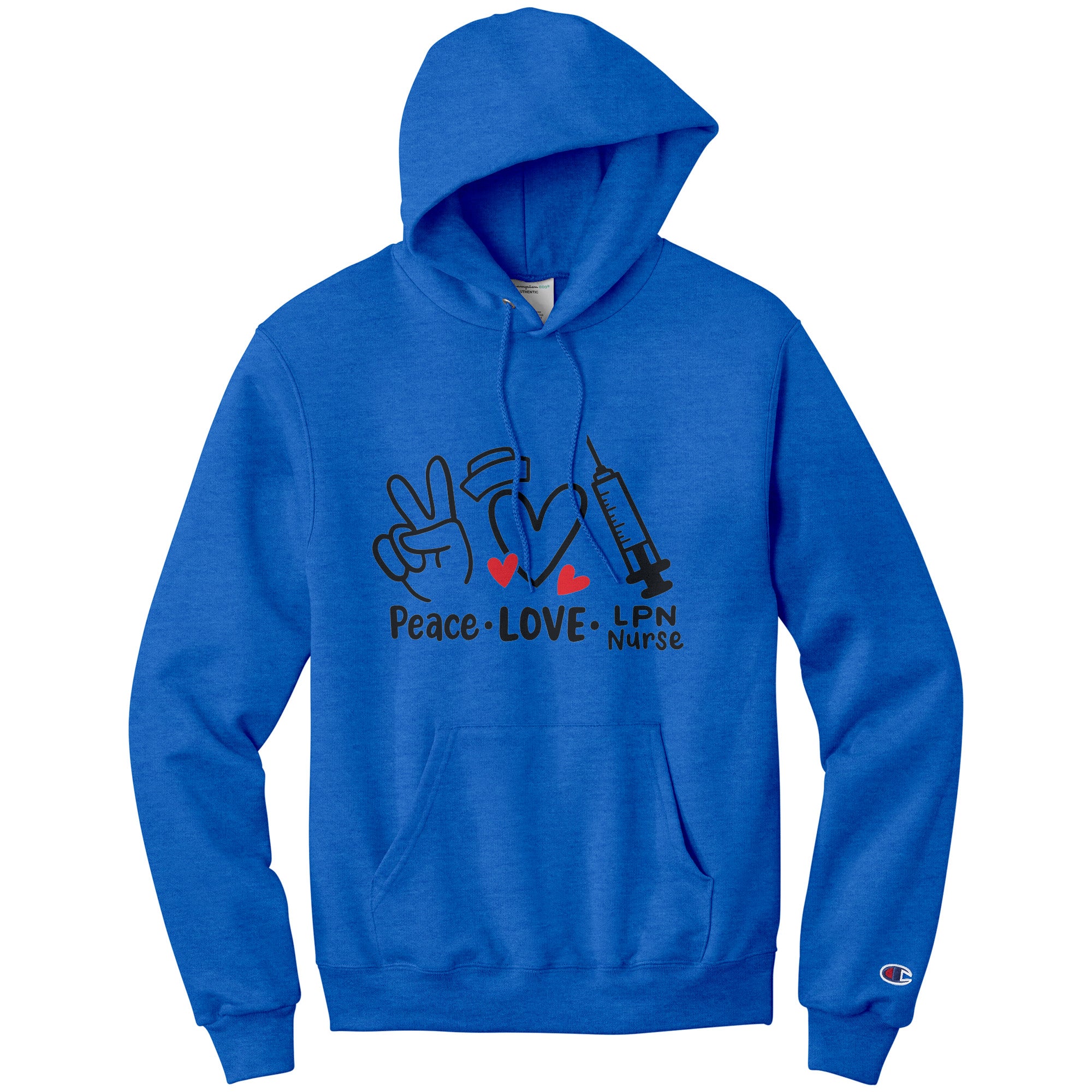 Peace Love LPN Nurse Hoodie - Heart, Peace Sign, and Needle Design, Champion Comfort, Moisture-Wicking