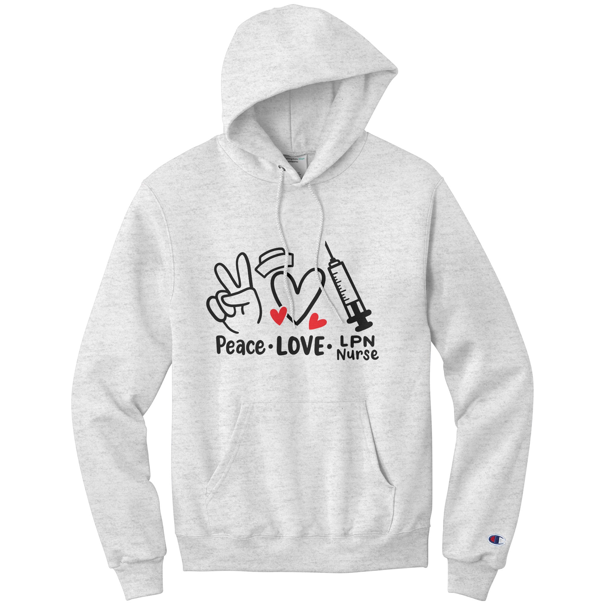 Peace Love LPN Nurse Hoodie - Heart, Peace Sign, and Needle Design, Champion Comfort, Moisture-Wicking