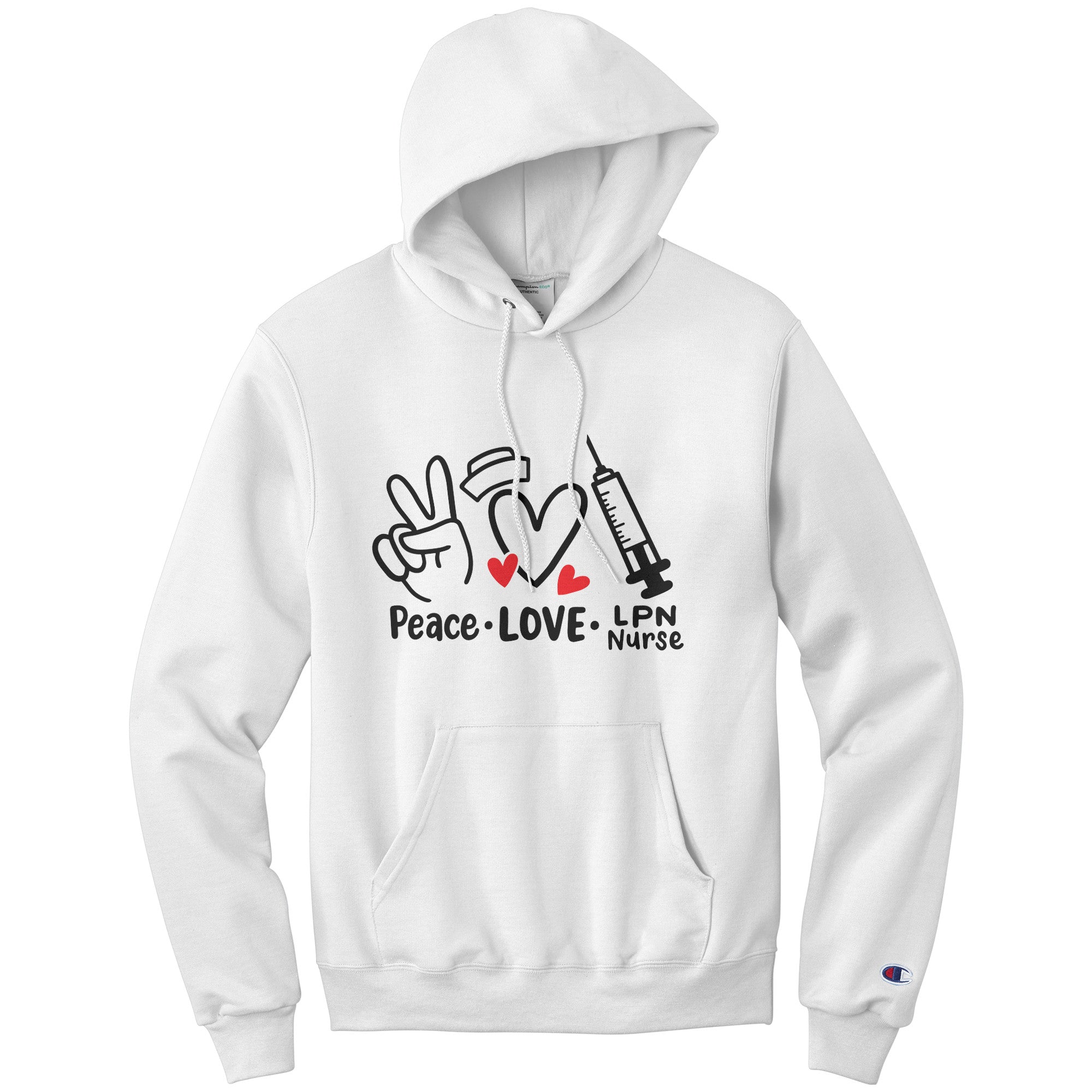 Peace Love LPN Nurse Hoodie - Heart, Peace Sign, and Needle Design, Champion Comfort, Moisture-Wicking