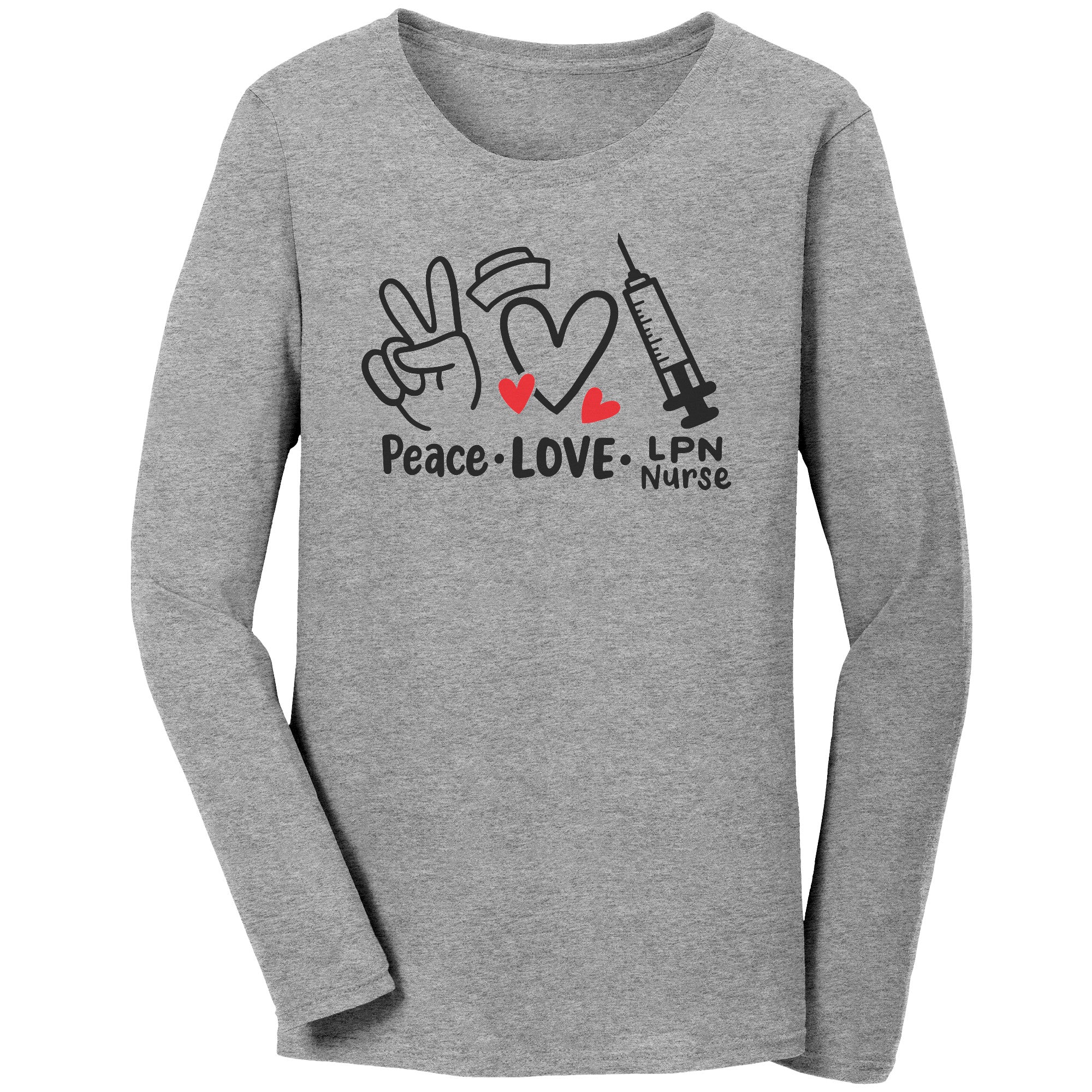 Peace Love LPN Nurse Long Sleeve Shirt - Cotton Tee with Peace Sign, Heart & Needle Design