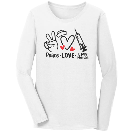 Peace Love LPN Nurse Long Sleeve Shirt - Cotton Tee with Peace Sign, Heart & Needle Design