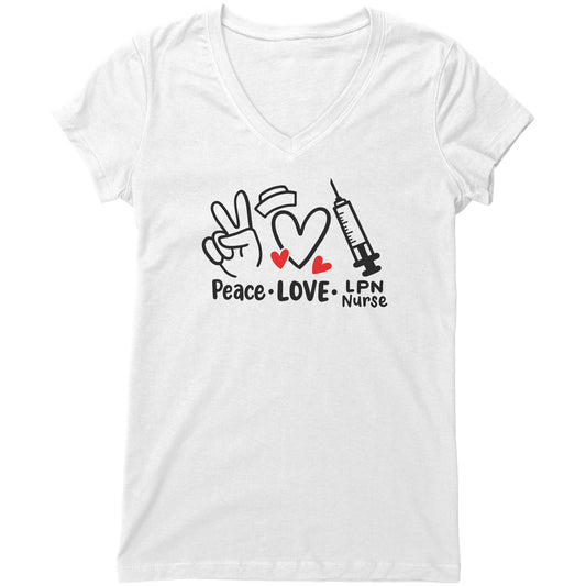 "Peace Love LPN Nurse" Women's V-Neck T-Shirt – Featuring Peace Sign, Heart & Needle – Relaxed Fit