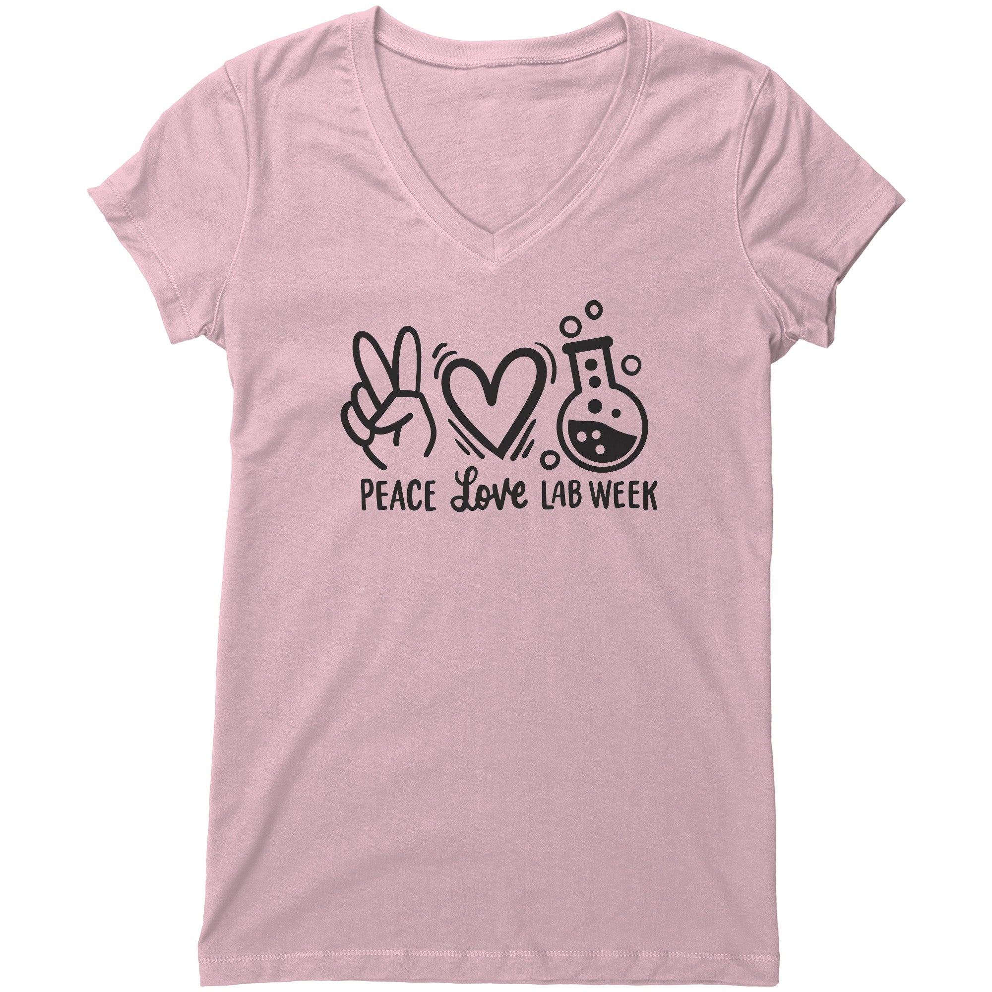 "Peace Love Lab Week" Women's V-Neck T-Shirt – Featuring Peace Sign, Heart & Lab Vial – Relaxed Fit