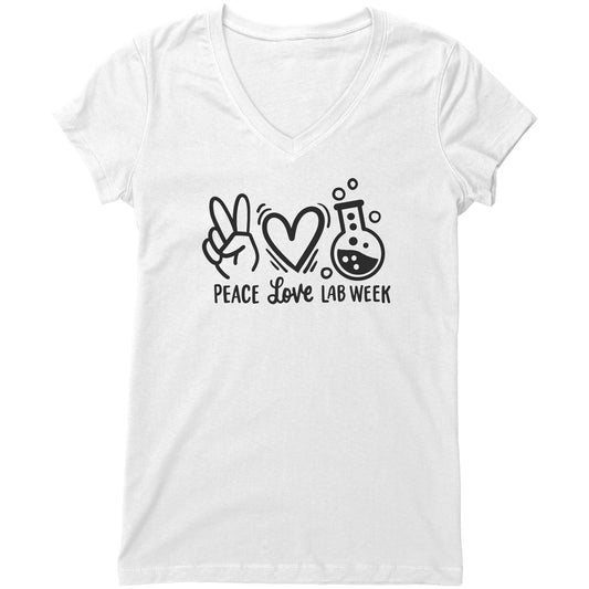 "Peace Love Lab Week" Women's V-Neck T-Shirt – Featuring Peace Sign, Heart & Lab Vial – Relaxed Fit