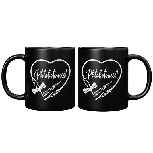 Phlebotomist Heart 11 oz Black Mug - Medical Themed Drinkware