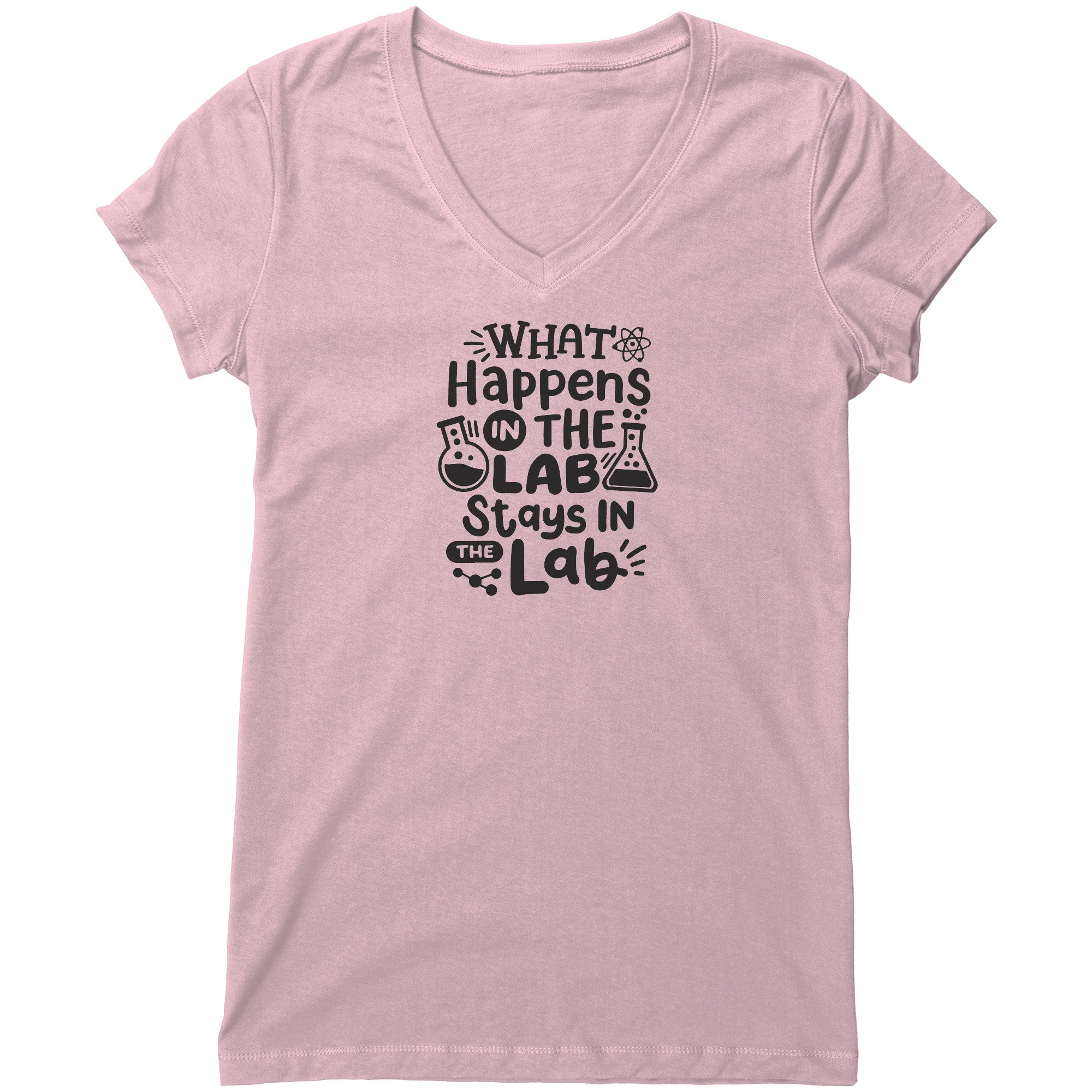 "What Happens in the Lab Stays in the Lab" Women's V-Neck T-Shirt with Lab Vials – Relaxed Fit, Chic Design