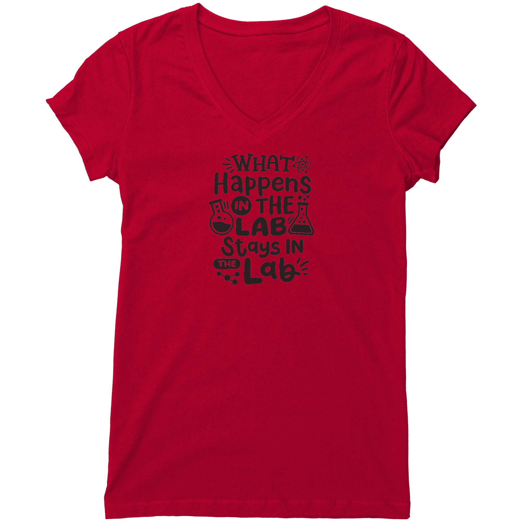 "What Happens in the Lab Stays in the Lab" Women's V-Neck T-Shirt with Lab Vials – Relaxed Fit, Chic Design