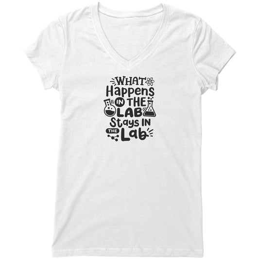 "What Happens in the Lab Stays in the Lab" Women's V-Neck T-Shirt with Lab Vials – Relaxed Fit, Chic Design